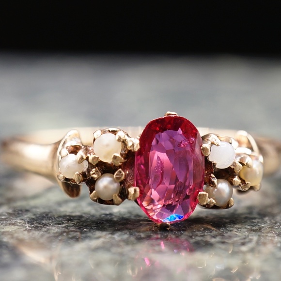 c.1880 Victorian Engagement Ring .52ct 6.5x4mm Natural Ruby Seed Pearls 14k - Picture 6 of 12